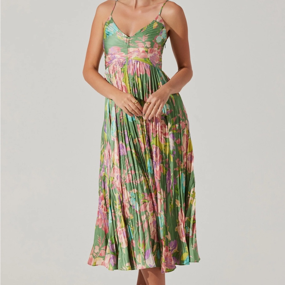 Astr Green Floral Pleated Midi Dress with Pink Accents